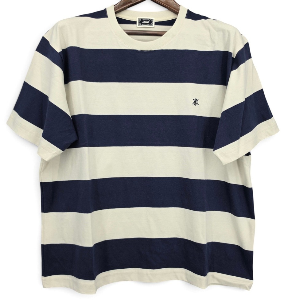 Kith Stripe Cotton T Shirt Men's Large Navy Cream Logo Short Sleeve NWOT